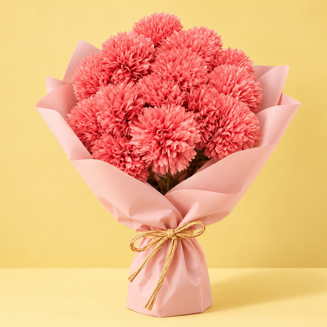 A bouquet of pink chrysanthemums wrapped in light pink paper with a gold twine bow, set against a solid pale yellow background.