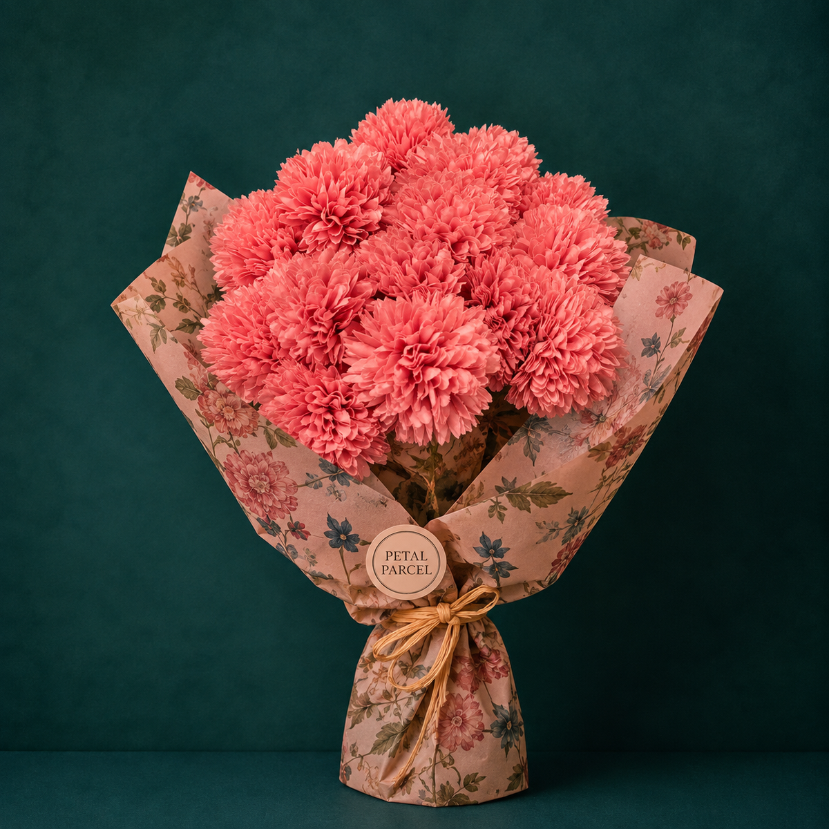 A bouquet of pink chrysanthemums wrapped in floral-patterned paper with a twine bow and a round &