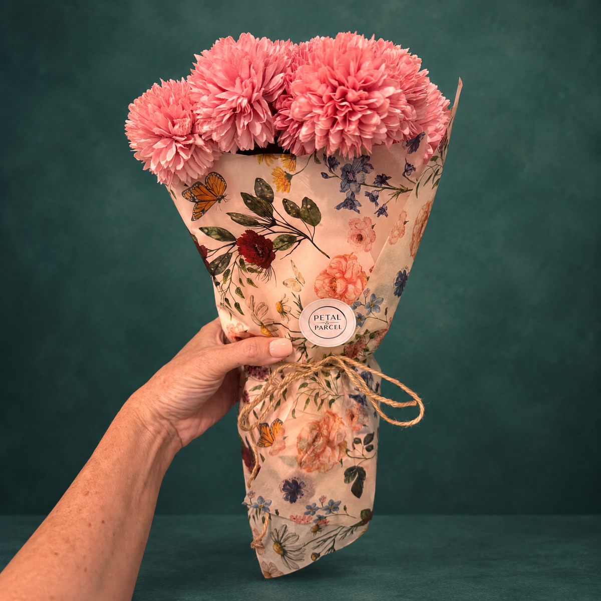 A hand holding a bouquet of pink carnations wrapped in floral-patterned paper with a round &