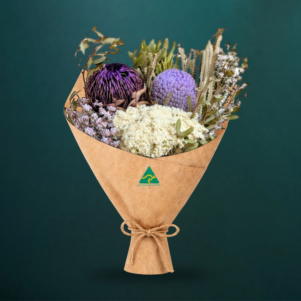 Dried lilac native bouquet with dyed purple and lavender banksia
