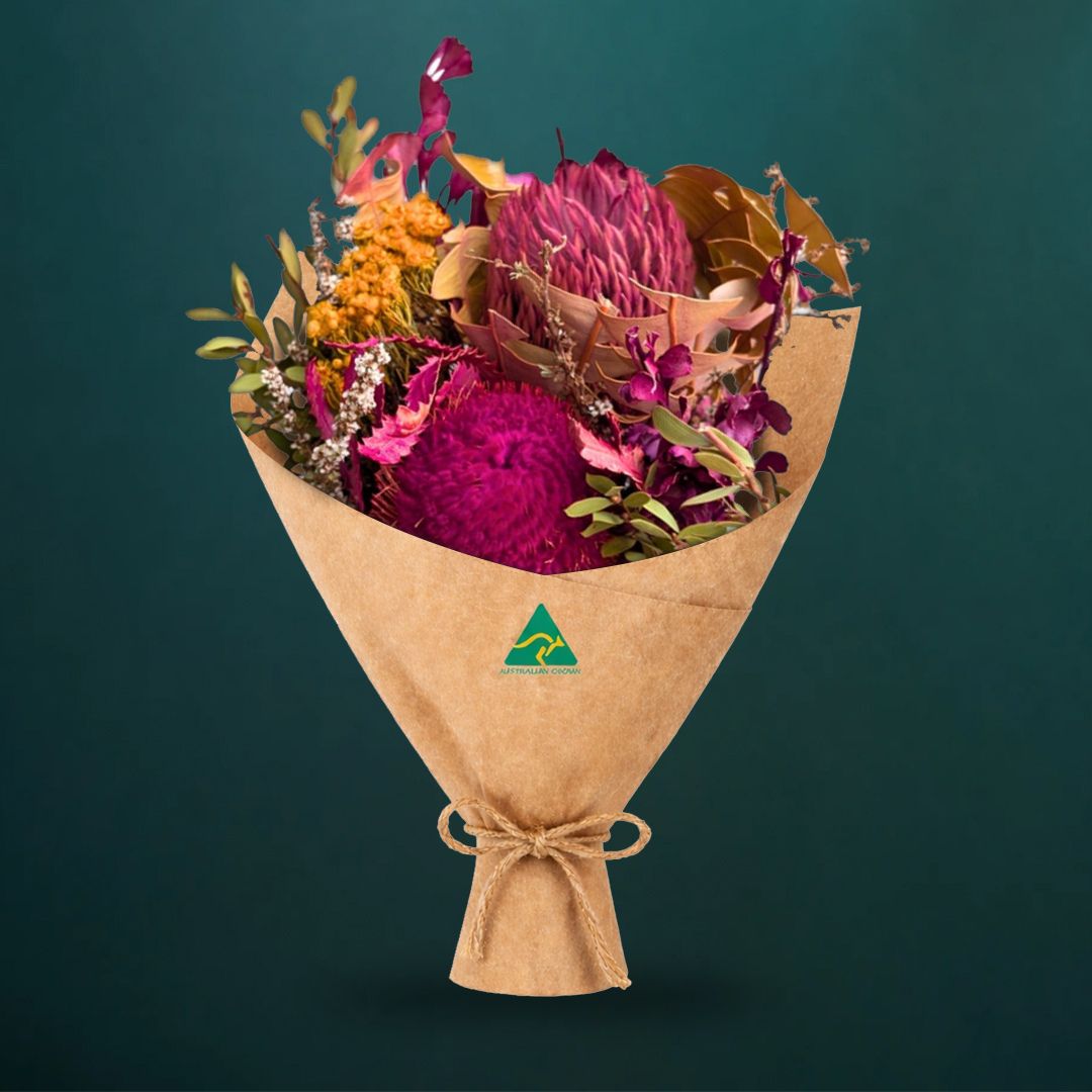 Dried pink native bouquet with banksia heads dyed hot pink