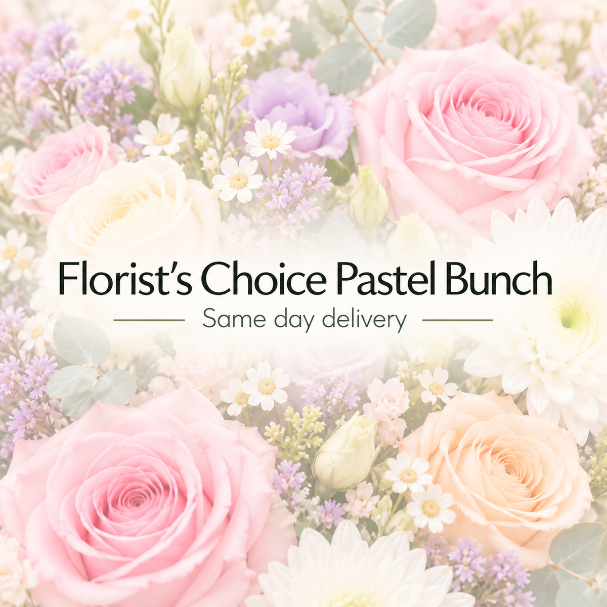 Pastel flower bouquet with large pink and peach roses, white daisies, lavender sprigs, and green foliage, overlaid with the text &