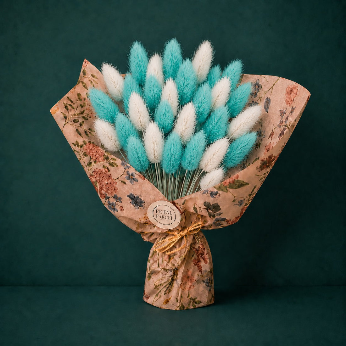 Teal and white preserved bunny tail flowers