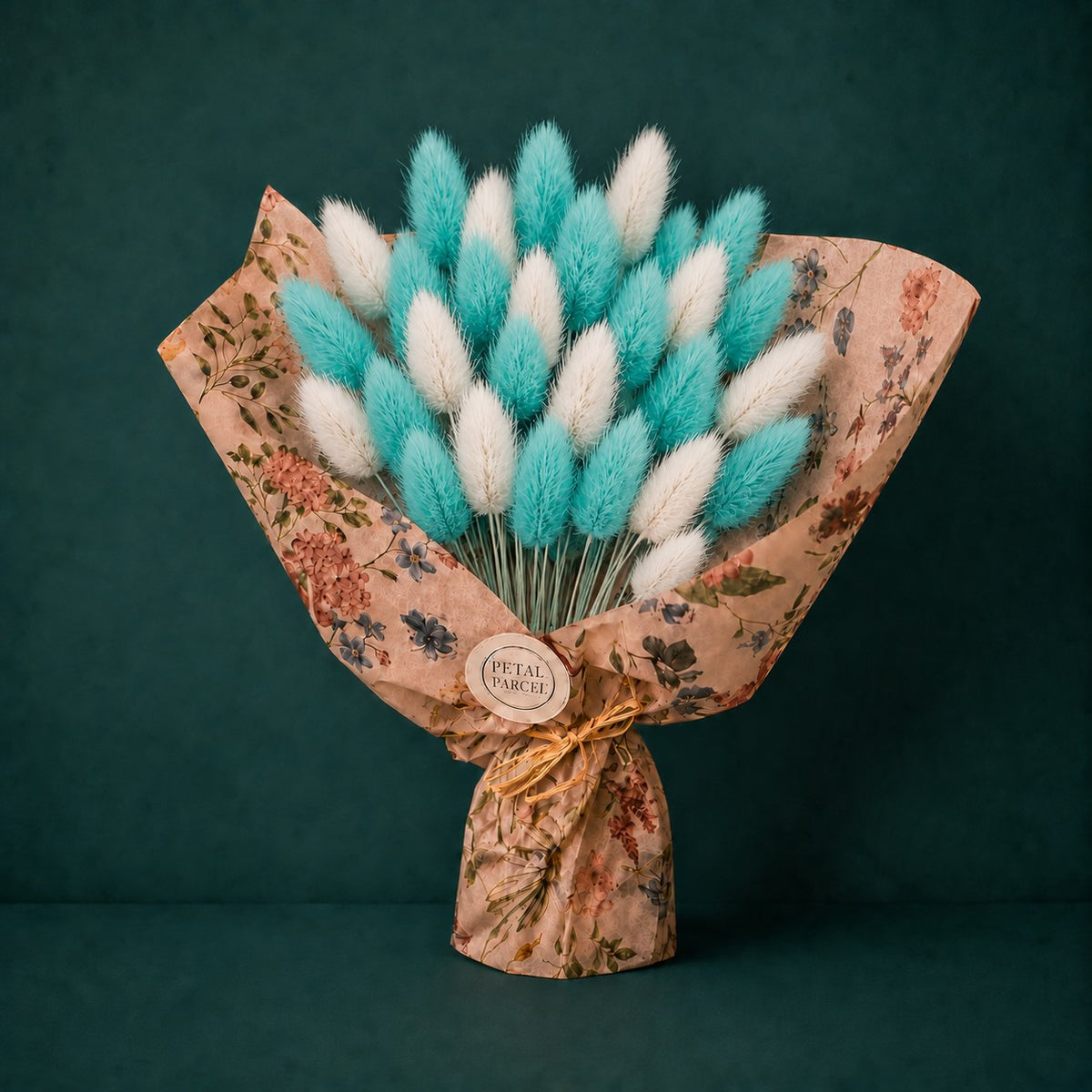 Teal and white preserved bunny tail flowers